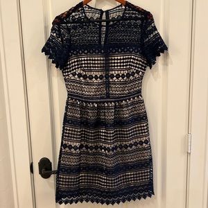 Vince Camuto navy lace dress with capped sleeved, size 4